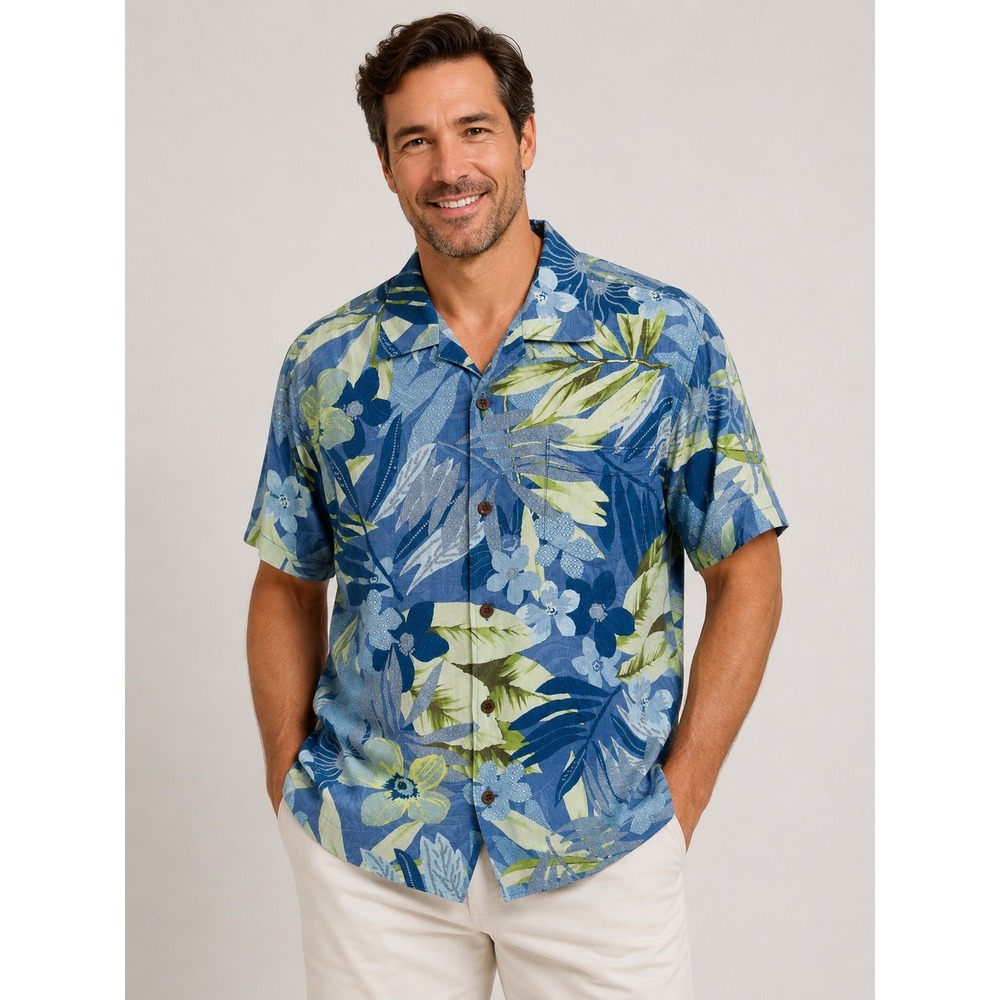 Blue Floral Silk‎ Shirt XL Blue Floral Tropical Resortwear Beachy Dadcore Aloha
